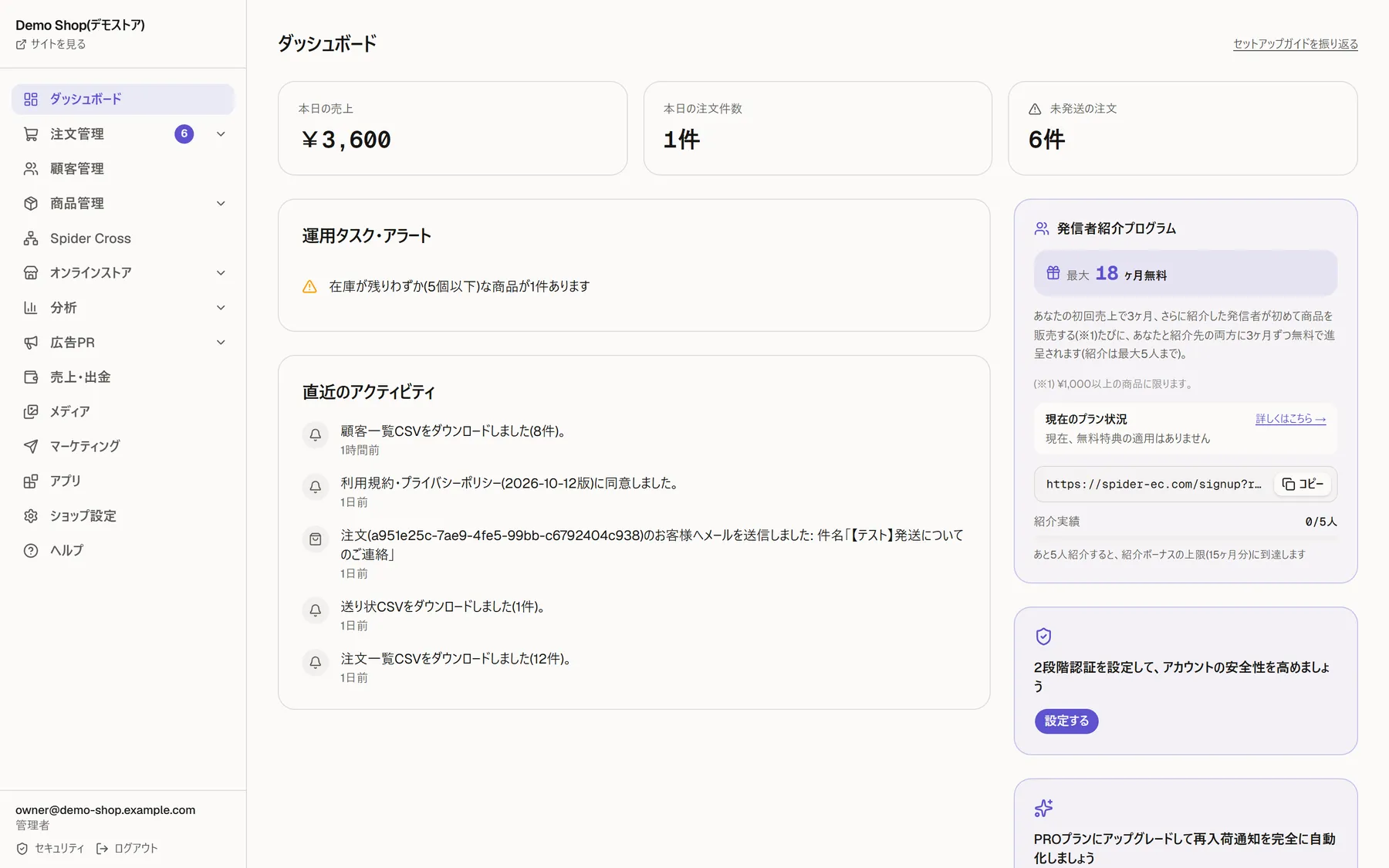 管理画面のダッシュボード