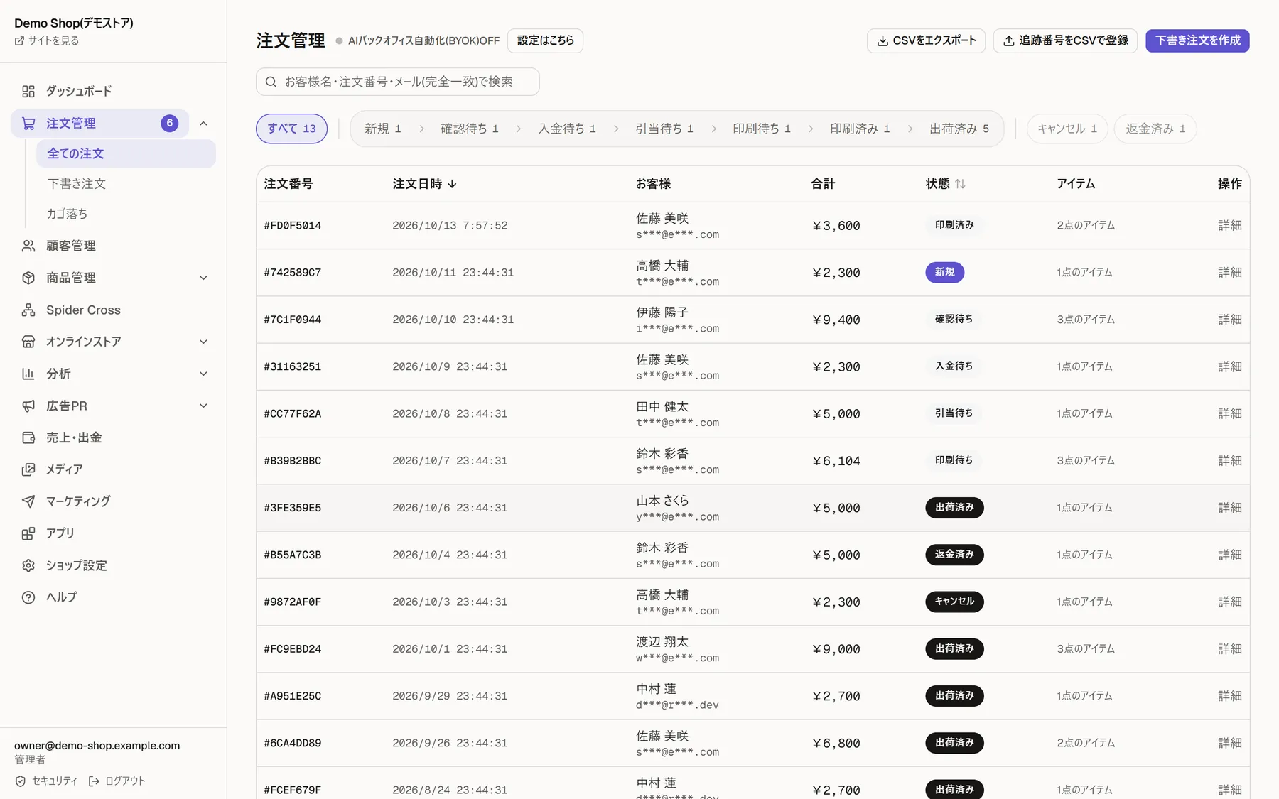 管理画面の注文管理